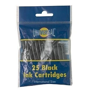 Image of 25 x Universal Jet Black Ink Cartridge Fountain Pen Standard Refills
