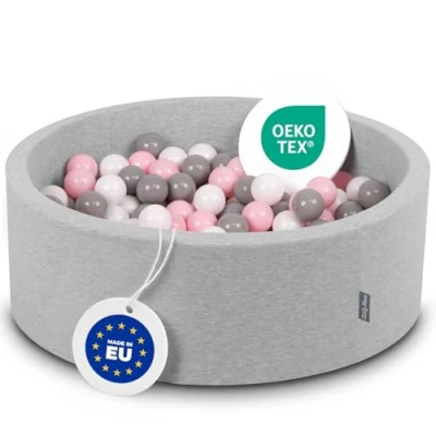 Image of KiddyMoon 90X30cm/200 Balls ∅ 7Cm / 2.75In Baby Foam Ball Pit Made In EU, Light Grey:White/Grey/Light Pink