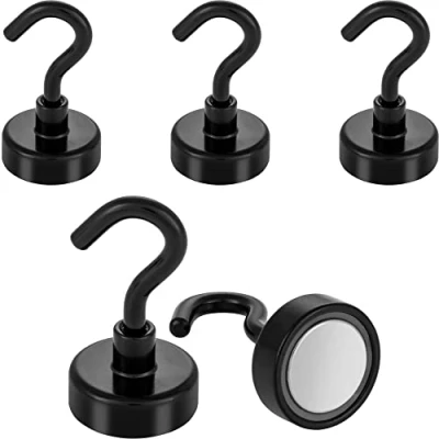 Image of POPPSTAR 5 Pieces Magnet Hook Black Extra Strong (Clamping Force 23 kg (50 lbs), Length 4.5 cm, Diameter 2.5 cm) Neodymium Magnets Large