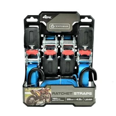 Image of Centurion 4.5M Ratchet Tie Down Strap, Pack of 4, 750kg Load Break Strength, 25mm PES Webbing