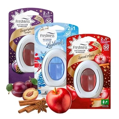 Image of Febreze Bathroom Air Freshener Bundle Limited Edition Spiced Apple, Sugarplum &amp; Lapland Fresheners for Home with Topline Card. Odour Eliminator Refresher Toilet Small Spaces