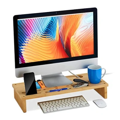 Image of Relaxdays Bamboo Monitor Stand, with Slots for Cup, Smartphone &amp; Utensils, Ergonomic Screen Holder, 9x54x23 cm, Natural