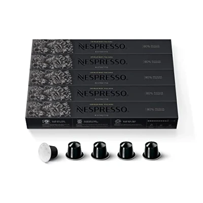 Image of Nespresso Original coffee Pods 50 Inspiranzione Ristretto Capsules for Machines. Make Espressos, Cappuccino and Macchiato at home. Made with Robusta beans. Recyclable