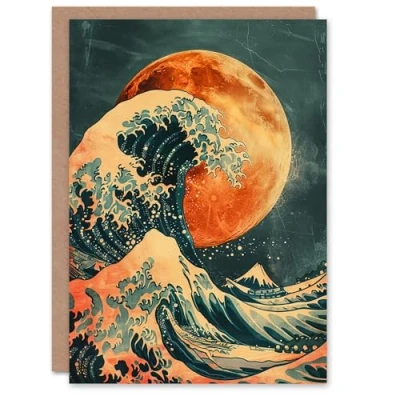Image of Artery8 Orange Moon Traditional Japanese Waves Artwork Greeting Birthday Card Him Her All Blank