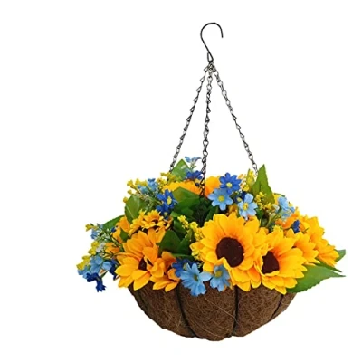 Image of Wedding Decoration And Home Holiday Lively Lovely Silk Yellow Artificial Sunflowers Blue Daisy DIY Chain Hanging Basket (Big Basket)