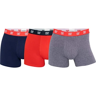 Image of Mens 3 Pack CR7 Cotton Trunks Grey/Red/Navy Small