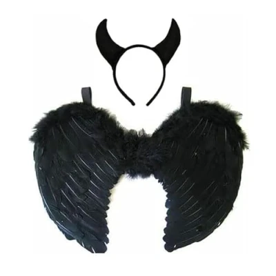 Image of jokeshop Black Devil Horns &amp; Feather Wings Angel Demon Fairy Fancy Dress Christmas Halloween Cosplay Costume