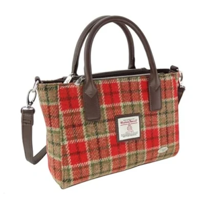 Image of Glen Appin Harris Tweed Tote Handbag LB1228 Brora With Detachable Shoulder Stap (Col 141 Red Green)