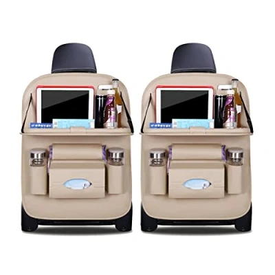 Image of Ergocar Car Back Seat Organiser Kick Mats Luxury PU Leather with Foldable Tablet Holder Organisers Storage Multi Function Protector for Long Trip and Family (Beige 2 Pack)