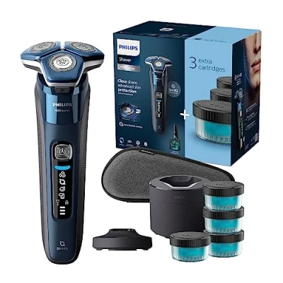 Image of Philips Shaver Series 7000 Wet &amp; Dry Mens Electric with SkinIQ Technology, Pop up Trimmer, Charging Stand, Travel Case, 1 x Quick Clean Pod and 4 Cartridges (Model S7885/63)