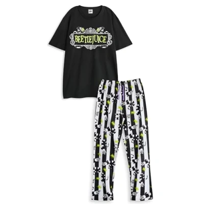 Image of Vanilla Underground Beetlejuice Mens Black Pyjama Set Logo Short Sleeve Long Leg PJs for Men Classic Movie Nightwear Comfortable Sleepwear Him Retro Graphic Pajamas