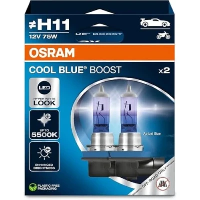 Image of OSRAM COOL BLUE® BOOST, H11, halogen headlight lamps, up to 5500K, Hanging folding box (2 lamps), offroad use only