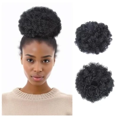 Image of Afro Puff Drawstring Ponytail Synthetic Extension Short Kinky Curly Hair Clip in Extensions for Women Bun Hairpieces (Large, 1B#)