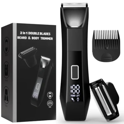 Image of Groin &amp; Body Hair Trimmer for Men, Dual Head Ceramic Foil Blades, Ball Men with Travel Lock, USB C Rechargeable, Waterproof Wet/Dry Groomer LED Display, Men&#039;s Shaver
