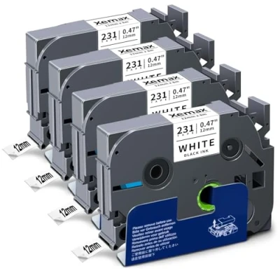 Image of 4x XemaX Label Tape Compatible for Brother Printer 12mm TZe 231 TZ P Touch Black on White Cassette Labeller PT E110 H100R H110 H101C H108 E100 H100LB H105