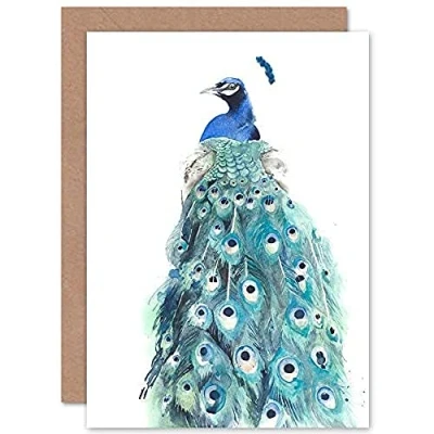 Image of Wee Blue Coo Bird Peacock Watercolour Greeting Card With Envelope Inside Premium Quality