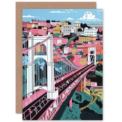 Image of Artery8 Clifton Suspension Bridge Pink and Teal Cityscape Travel Birthday Sealed Greeting Card Plus Envelope Blank inside