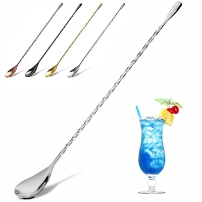 Image of YFWOOD Stainless Steel Cocktail Spoon, Long Twisted Handle, 1 Piece, Perfect for Mixing and Layering Drinks
