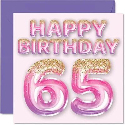 Image of 65th Birthday Card for Women Pink &amp; Purple Glitter Balloons Happy Cards 65 Year Old Woman Mum Nanny Grandma Gran Auntie, 145mm x Sixty Five Fifth Bday Greeting Gift