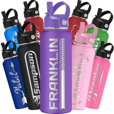 Image of Personalized Water Bottles,Custom Engraved Stainless Steel Bottle with Straw Name Icon,Customized Sports Double Wall Vacuum Insulated Gift for Women Men