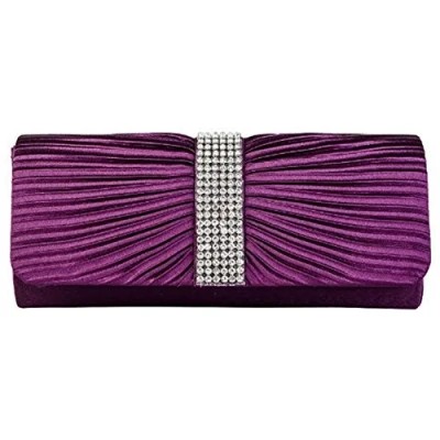 Image of Eleoption Womens Satin Diamante Ladies Pleated Bow Wedding Bridal Prom Handbag Clutch Bag, Purple