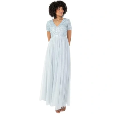 Image of Maya Deluxe Women&#039;s Ladies Dress for Wedding Guest Plus Size Empire High Waist Sequins Short Sleeve Evening Bridesmaid, Ice Blue, 12