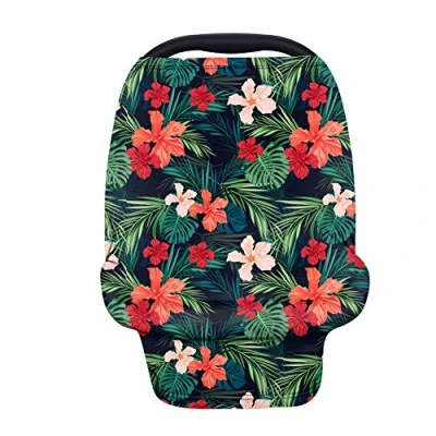 Image of Binienty Baby Car Seat Covers, Durable Fabric, Breathable Babies Infants Carseat Canopies Stroller Cover, Tropical Hibiscus Flower Pattern