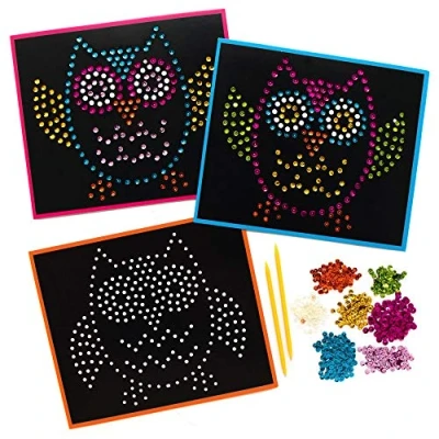 Image of Baker Ross AX162 Owl Sequin Craft Kits Pack of 4, Peel and Stick Sticker Art for Kids Crafting Activities