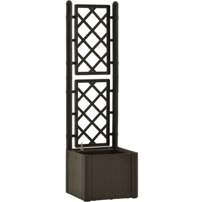 Image of vidaXL Raised Garden Bed with Built in Trellis and Self Watering System Mocha Indoor/Outdoor Plant Holder UV, Weather, Frost Resistant Rattan Style Plastic Planter Box