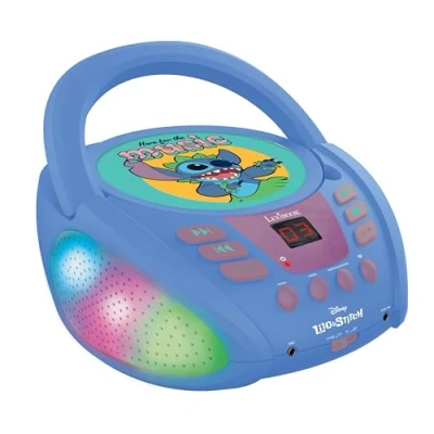 Image of Lexibook RCD109D Disney Stitch Bluetooth CD Player for Kids Portable, Multicoloured Light Effects, Microphone, Aux in Jack, AC or Battery Operated, Girls, Boys, Blue, S