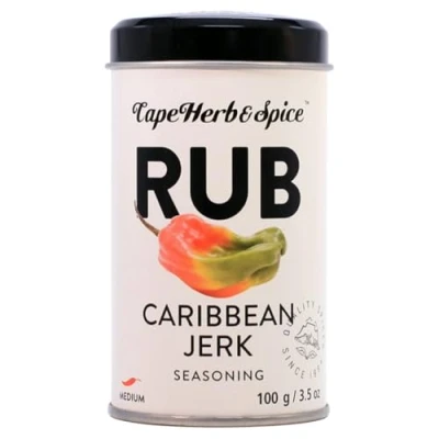 Image of Cape Herb &amp; Spice Rub Caribbean Jerk Seasoning Condiment, Chilli Rating Medium, 100 g Tin (Pack of 1)