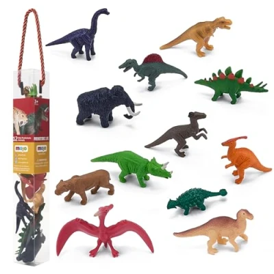 Image of MOJO Mini Dinosaur figure Worlds Tube Playset 12pc T Rex, Brachiosaurus, Spinosaurus, Mammoth, Tricerotops, Smilodon, Stegosaurus, Parasauralophus, Ankylosaurus Dinosaurs Collection