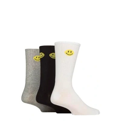 Image of Mens 3 Pair SOCKSHOP Wildfeet Cotton Rich Sports Socks White / Grey Black Smiley 7 11