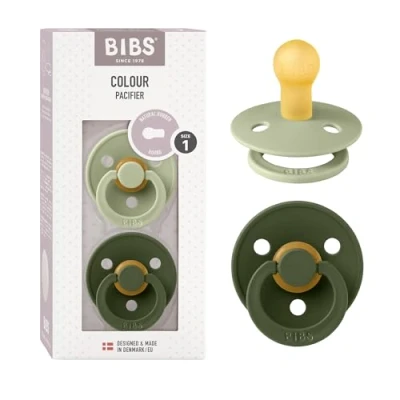 Image of BIBS Colour Soother 2 Pack, BPA Free Dummy Pacifier, Round Nipple. Natural Rubber Latex, Size 1 (0 6 Months), Sage/Hunter Green