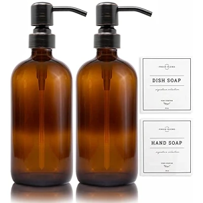 Image of Vine Creations Amber Glass Soap Dispenser 2 Pack, Thick 16oz Bottles Rustproof Stainless Steel Pump, Kitchen Bathroom Accessories, Hand Dish Dispenser, Waterproof Labels (Round Oil Rubbed Bronze)