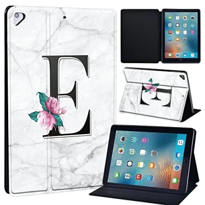 Image of Initial Letter Leather slim lightweight Stand Cover Case for Apple New iPad 9.7 2018 2017(6th Gen, 5th Gen)/iPad Air 2/iPad Air/iPad Pro Tablet with Auto Wake/Sleep (whitemarbleE)