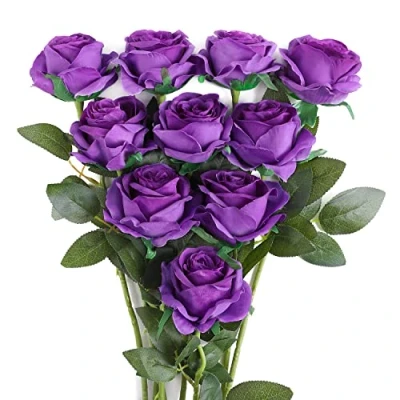 Image of JUSTOYOU Rose Artificial Flower,Silk Flowers Single Long Stem Bouquet for Home Office Wedding Arrangements (10 PCS,Purple)