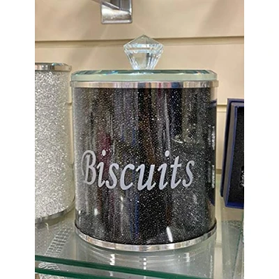 Image of Diamond Crushed Biscuit Cookies Canister Jar Tin Kitchen Storage containers Silver Trimmings Crystal Filled gift (BLACK)