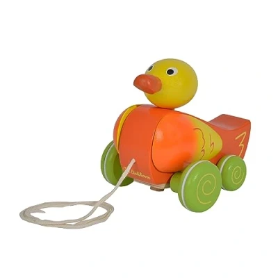 Image of Pull Along Wooden Toy Duck for Children With Movable Head, Wings &amp; Cute Noise Ages 1+