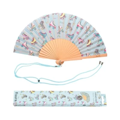 Image of Fisura Pattern Original handheld folding fan. wooden holding Hand Fans. Birthday Gifts Wedding Party Decoration. Fan with hanger included (Skates, blue)