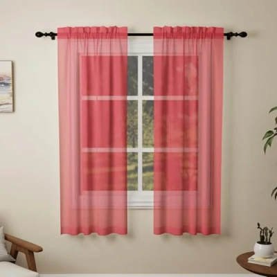 Image of Pacok Red Voile Curtains, 72 Drop 2 Panel Net Curtain for Windows, Rod Pocket Sheer Curtains Living Room Kitcken Bedroom W56xL72 Inch(Red,142 x 183cm)