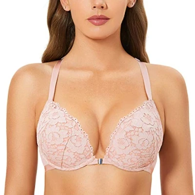 Image of DOBREVA Women&#039;s Push Up Front Fastening Bras Racer Back Lace Padded Plunge Underwired Bra Gentle Rose 38DD