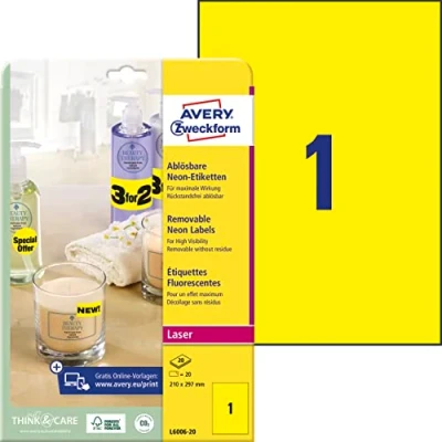 Image of Avery Zweckform, L6006 20 Removable Neon Labels / 210 x 297 mm Sheets