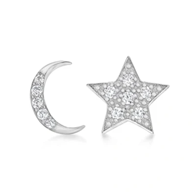 Image of Tuscany Silver Women&#039;s Sterling Rhodium Plated Cubic Zirconia 7.2 x 11.4 mm Moon 9.9 9.3 Star Stud Earrings