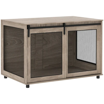 Image of PawHut Dog Crate Furniture, Cage End Table with Sliding Barn Door, Pet Kennel for Extra Large Dogs, 118 x 75.5 82cm, Walnut Brown