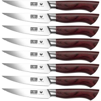 Image of HOSHANHO Steak Knife Set 8 Pieces, 4.5 Inch Super Sharp German High Carbon Stainless Steel Set, Professional Premium Serrated Precise Cutting with Ergonomic Wood Handle