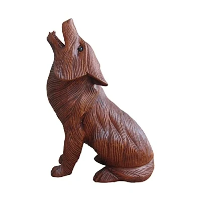 Image of Brave Wings Hand Carved Wooden Animal Howling Wolf OOAK Sculpture Figurine Statue Unique Table Decoration Home Decor Gift for Christmas and Birthdays 4406