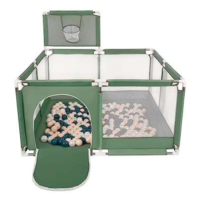 Image of Selonis Square Play Pen Filed with 200 Balls Basketball, Green:Dark Turquoise/Pastel Beige/Pearl