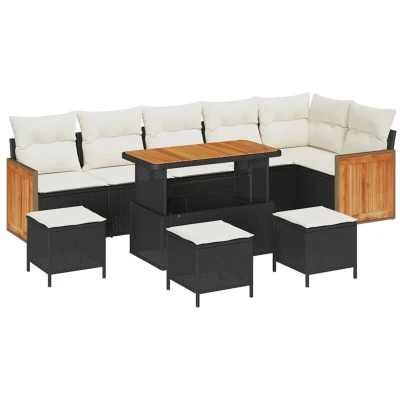 Image of vidaXL 10 Piece Garden Sofa Set with Cushions Black Poly Rattan Acacia