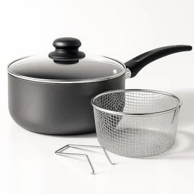 Image of Homatz Chip Pan with Basket and Lid, 4.2L / 22 cm Non Stick Deep Wire Strainer for Frying Fries, Chips, Wedges Aluminum Saucepan Heat Resistant Handles (Chip Pan, cm)